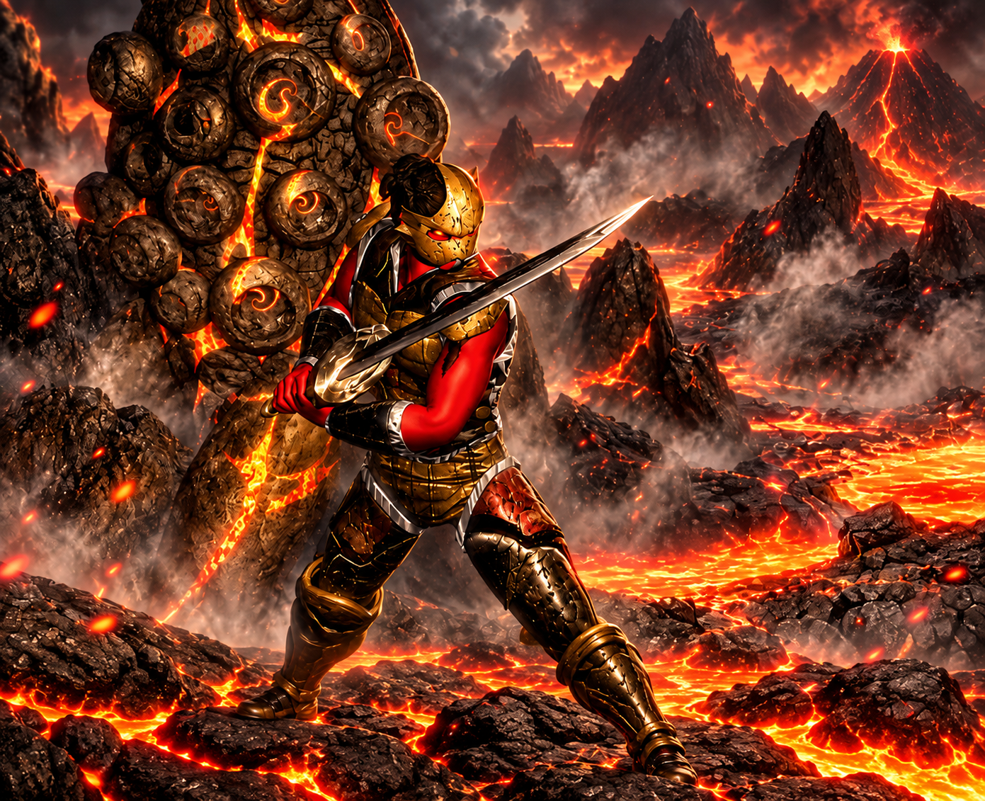 Armoured Devil warrior in a volcanic landscape