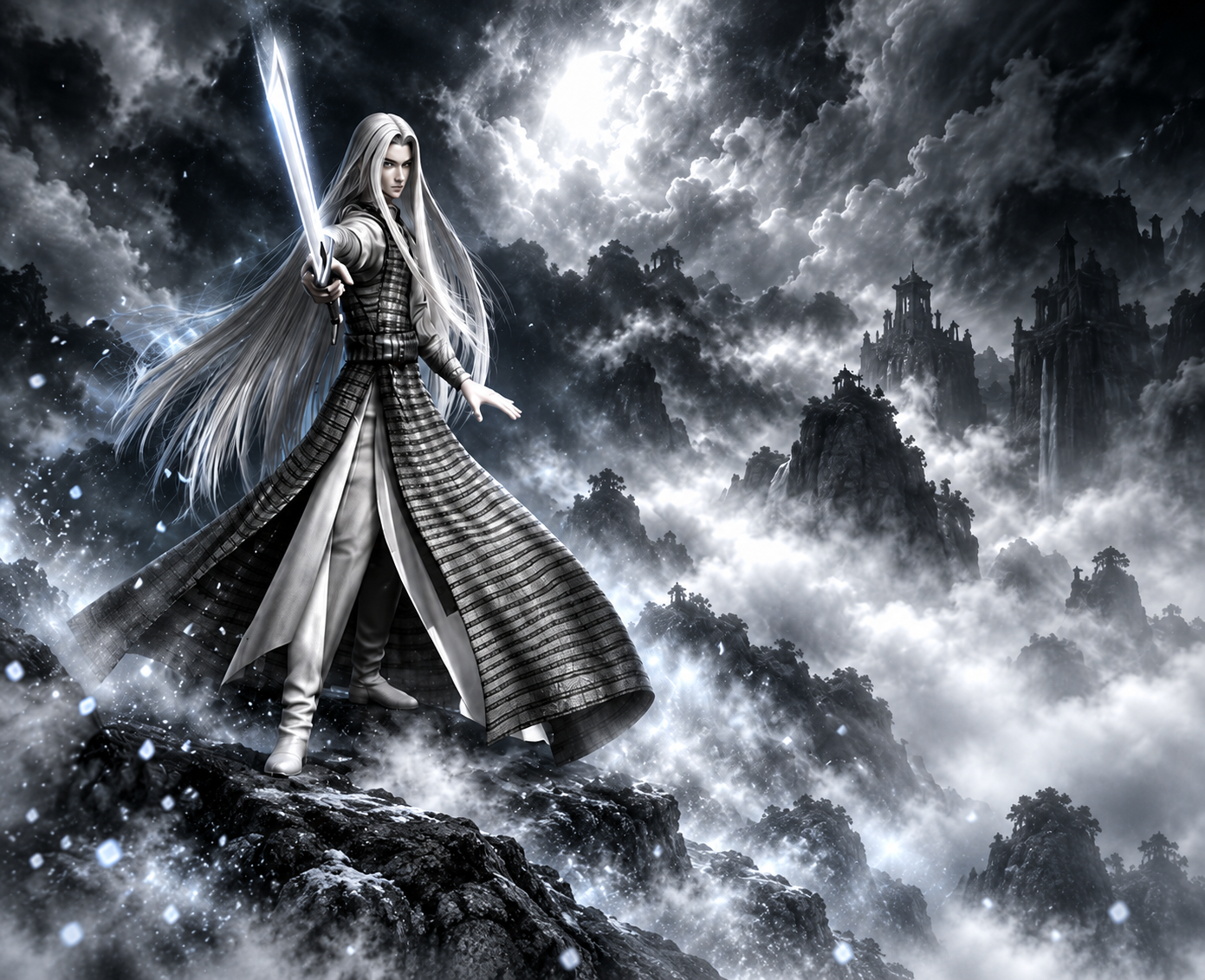 White-haired Human swordsman beneath storm clouds