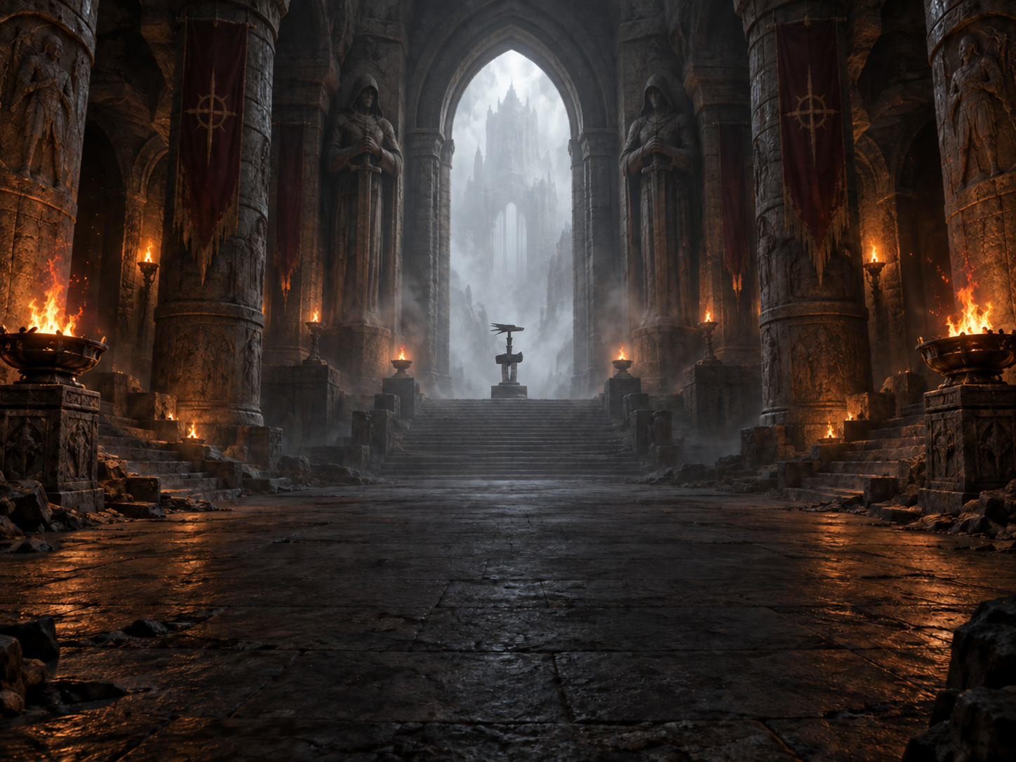 Torchlit stone hall opening onto a distant castle