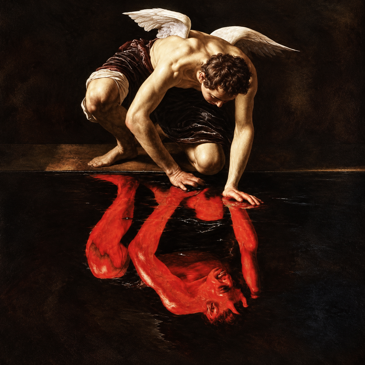 A winged human facing the reflection of a red devil